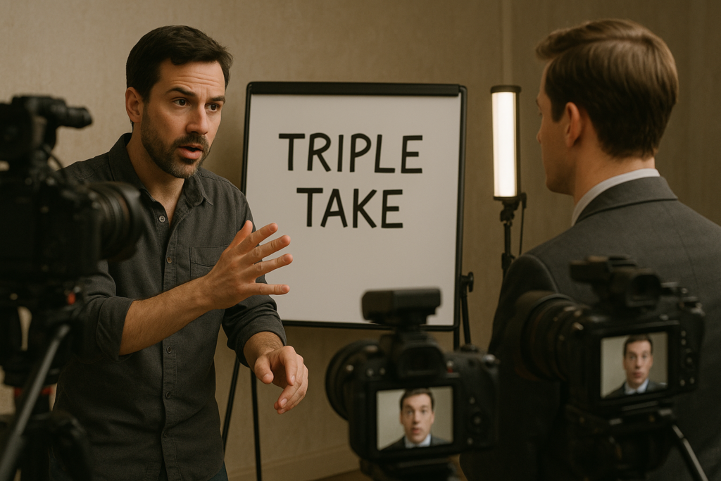 director demonstrating triple take method film directing with two camera angles