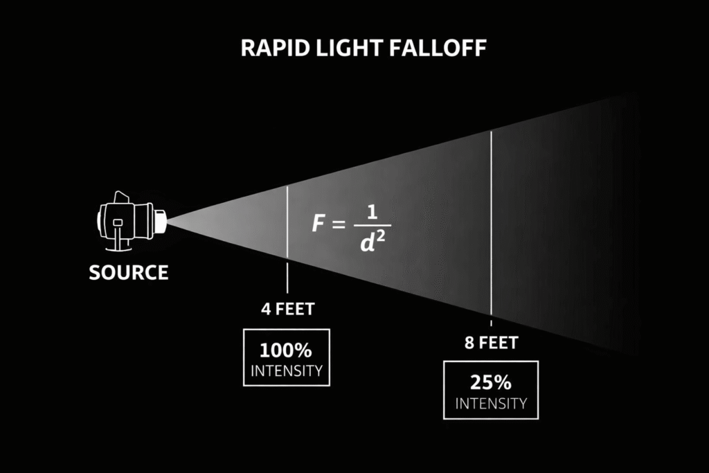 A visual explanation of the inverse square law showing how light intensity decreases from 100% to 25% when the distance doubles