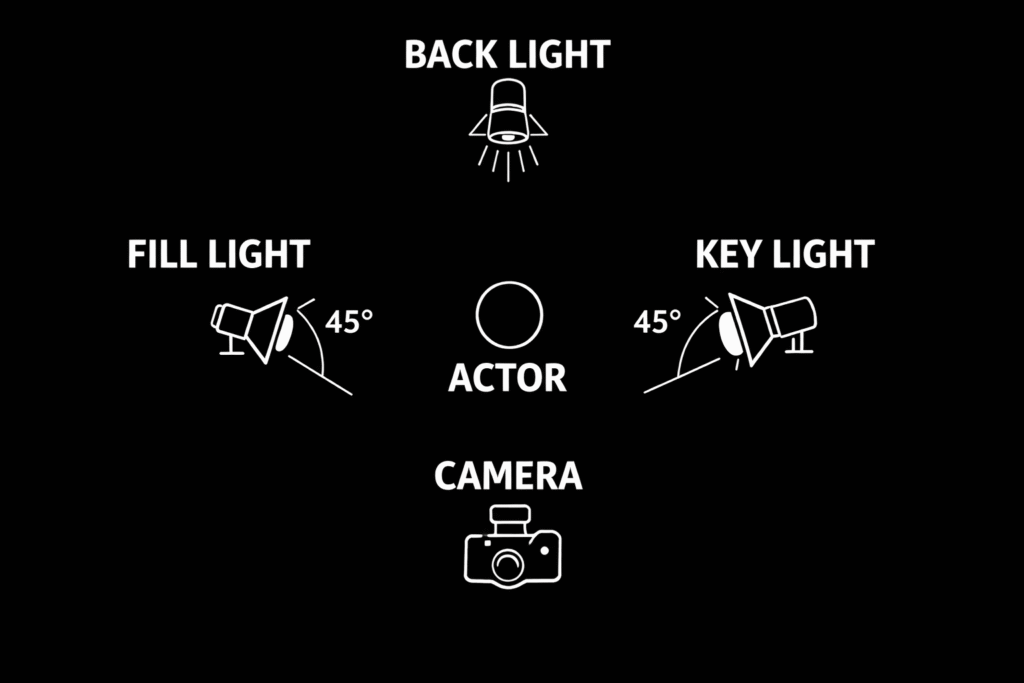 Overhead diagram showing the optimal placement of key, fill, and back light fixtures for a classic three-point setup