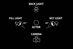 Overhead diagram showing the optimal placement of key, fill, and back light fixtures for a classic three-point setup