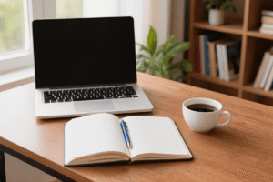 a notebook. a computer beside the notebook and a cup of cofee