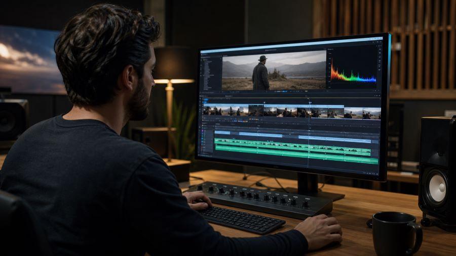 Film editor working on a movie timeline